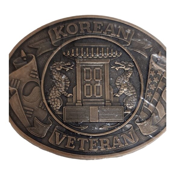 Korean War Veteran Brass Belt Buckle Military Collectible Dragon & Flags - Picture 1 of 7